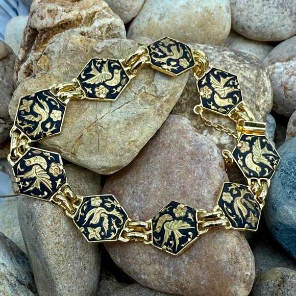 Damascene Jewelry - Vintage Toledo Damascene Spain Bird Floral Gold Black Bracelet 7.75”–8”